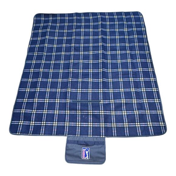 PGA Tour Plaid Picnic Blanket With Carry Handle Waterproof Backing Blue Stadium - Picture 3 of 7